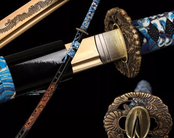 Katana japonesa samurái hecha a mano, hoja de dragón Saya, tsuba de latón, espiga completa, afilada como una navaja, regalo para él, espada real, alta calidad