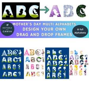MARCOS DE CANVA: ¡Ocho alfabetos completos de diseños para mamás! Regalos, tarjetas y manualidades. Descarga instantánea fácil con arrastrar y soltar. Añade imagen, textura y color.