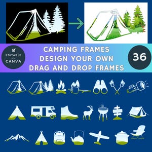 CADRES CANVA Lot de 36 beaux modèles de camping, faciles à glisser/déposer, téléchargement immédiat au format PDF, ajoutez n'importe quelle photo ou vidéo, créations amusantes.