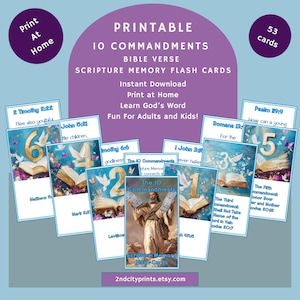 BIBLE VERSE MEMORY Flash Cards, 10 Commandments and related Scriptures, 51 Scripture verses, vibrant images, Print at Home, Fun for All!