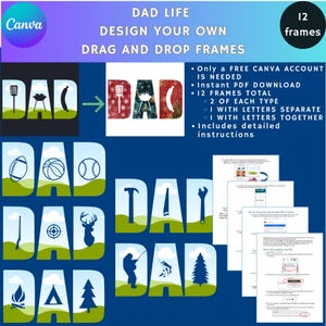 MOLDURAS DE TELA, 12 Pacote de Vida de Pai - 6 pais diferentes, Fácil de arrastar e soltar, Download instantâneo em formato PDF, Adicione qualquer imagem ou vídeo, artesanato divertido.