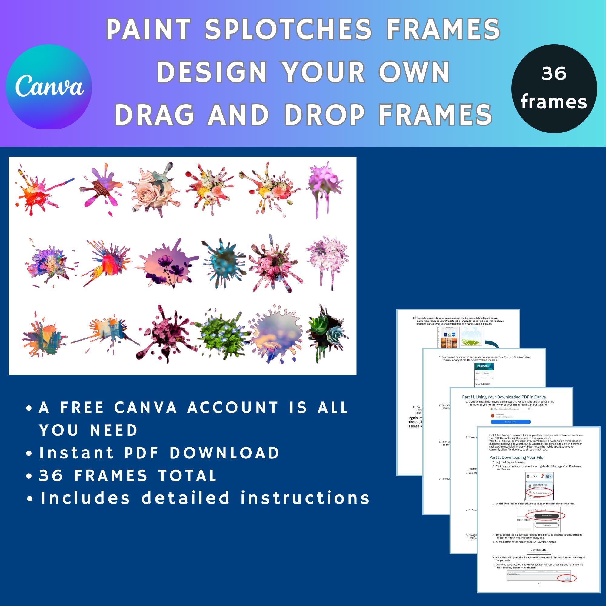 Color Paint Rames Design CANVA FRAMES HUGE Bundle of 36 Paint Splotch Designs, Easy Drag + Drop ...