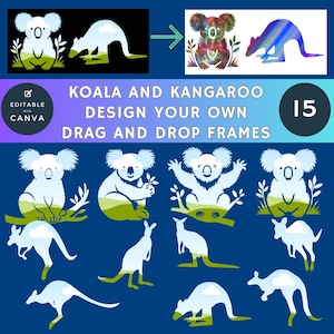 Cadres CANVA pour montage, lot de 15 koalas et kangourous d'animaux australiens, faciles à glisser/déposer, téléchargement immédiat, ajout d'image/texture/couleur