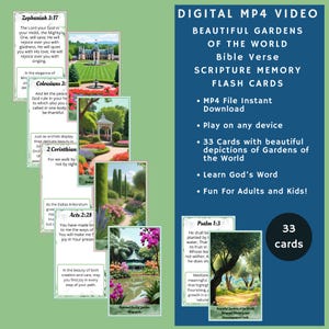 Schede didattiche video DIGITALI in formato MP4 per la memorizzazione della Bibbia, Giardini del mondo NKJV, 33 versetti e incoraggiamenti, riproducibili su qualsiasi dispositivo, divertenti per tutti!