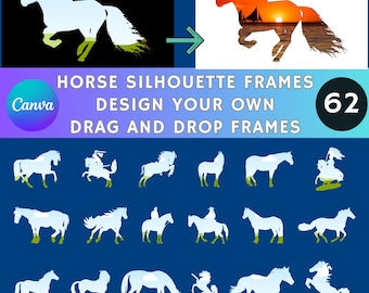 May include: 62 horse silhouette frames for designing your own images. Drag and drop frames to create unique designs. Canva logo is visible in the bottom left corner.