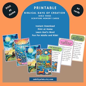 Puede incluir: Un conjunto de 44 tarjetas de memoria de versículos bíblicos imprimibles con ilustraciones coloridas de los siete días de la creación. Las tarjetas están diseñadas para adultos y niños e incluyen el versículo bíblico de cada día.