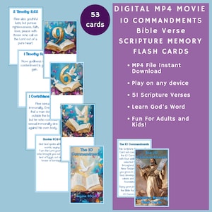 Schede didattiche di memorizzazione della Bibbia in formato video MP4 DIGITALE, 10 Comandamenti e altro ancora! NKJV, 51 Scritture più immagini, riproducibili su qualsiasi dispositivo, divertenti per tutti!
