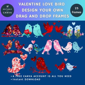 MARCOS DE CANVA: 25 diseños de animales para parejas y solteros en San Valentín: ¡pájaros! Descarga instantánea con solo arrastrar y soltar. Agrega imagen, textura y color.