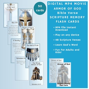 Schede didattiche di memoria della Bibbia in formato video DIGITALE MP4 - L'armatura completa di Dio, Efesini 6 + versetti correlati Scritture NKJV-48, riproducibili su qualsiasi dispositivo, divertimento per tutti!