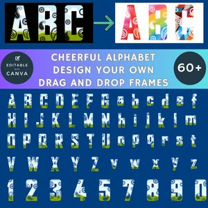 CANVA FRAMES Bundle von niedlichen fröhlich ALPHABET Designs, Großbuchstaben + Zahlen, einfach ziehen + ablegen, Sofort Download, Bild / Textur / Farbe hinzufügen.
