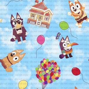 Blue dog mashup balloon house seamless file, children’s unisex movie , love cartoon sky clouds floating house magical seamless pattern