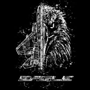 May include: A monochrome graphic design showing an eagle's head and a fighter jet. The word "EAGLE" is written in a stylized font at the bottom. The image has a distressed, textured effect against a black background.