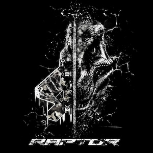 May include: A monochrome graphic of a raptor's head, featuring intricate detailing and a stylized aesthetic. The word "RAPTOR" is written in a bold, futuristic font at the bottom. The background is a solid black, creating a striking contrast.
