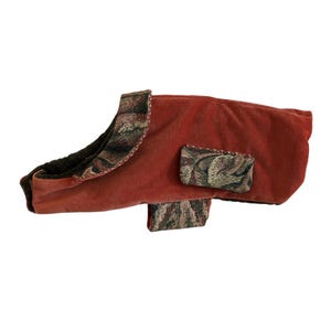 Handmade Burnt Umber Velour Dog Coat with Tapestry Accents and Braided Trim – Cozy Coat for Medium Dog