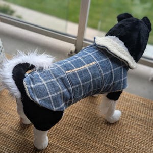 Handmade Dog Coat in Heavyweight Blue Cotton with White Grid – Cozy Coat for XX Large Dog
