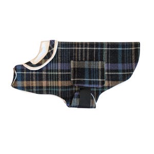 Handmade Washable Blue Plaid Wool Dog Coat with White Collar, White Fleece Lining, and Functional Pocket – Cozy Coat for Extra Large Dog