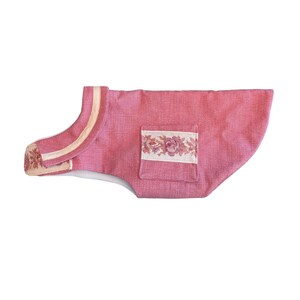 Washable Handmade Coral Cotton Dog Coat with White Fleece Lining, Tapestry Trim, and a Functional Pocket – Cozy Coat for Medium Dog