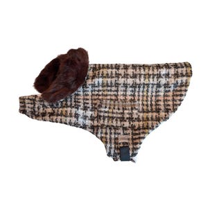 Luxury Dog Coat in Fall Tartan Wool with Repurposed Mink Collar – Cozy Coat for Large Dog