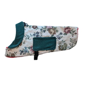 Handmade Washable Flowered Tapestry Dog Coat with Green Accents, Red Fleece Lining, and Functional Pocket – Cozy Coat for Small Dog