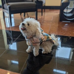Handmade Pastel Plaid Dog Coat with Matching Scarf & Floral Lace Detail – Cozy Fleece Winter Set for Small Dog