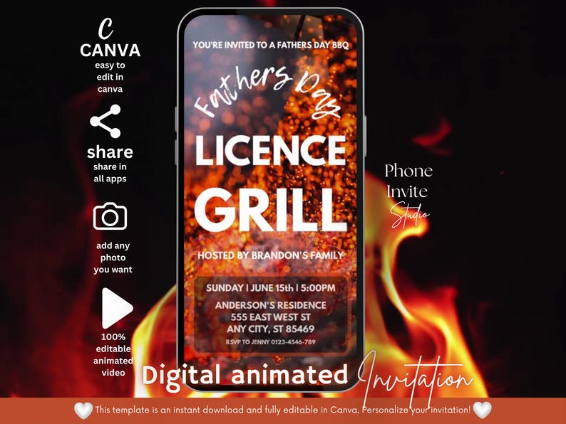 Op de afbeelding: Digitale geanimeerde uitnodiging voor een Vaderdag BBQ, met de tekst "Licence Grill" en evenementdetails. Het ontwerp bevat een vurige achtergrond en Canva-branding, met opties om te bewerken en te delen.
