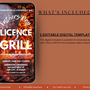 Op de afbeelding: Een digitale uitnodiging voor een Vaderdag BBQ, weergegeven op een smartphone. Het ontwerp toont de tekst "Fathers Day Licence 2 Grill" over een vurige achtergrond. Bevat evenementdetails en een notitie over een bewerkbare digitale sjabloon.