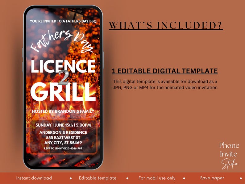 Op de afbeelding: Een digitale uitnodiging voor een Vaderdag BBQ, weergegeven op een smartphone. Het ontwerp toont de tekst "Fathers Day Licence 2 Grill" over een vurige achtergrond. Bevat evenementdetails en een notitie over een bewerkbare digitale sjabloon.