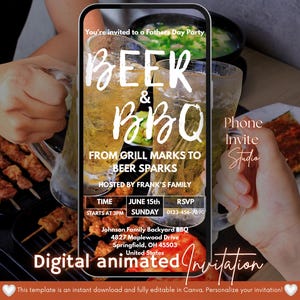 Op de afbeelding: Digitale geanimeerde uitnodiging voor een Vaderdag BBQ-feest. Het ontwerp bevat bier- en BBQ-afbeeldingen, met evenementdetails zoals datum, tijd en locatie. De uitnodiging is volledig bewerkbaar.