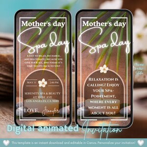 Op de afbeelding: Digitale uitnodiging voor een Moederdag-spa-dag. De uitnodiging heeft een spa-thema met een brandende kaars, bloemen en een groen blad. De tekst luidt "Moederdag Spa Dag" en bevat de datum, tijd en locatie van de spa. De uitnodiging bevat ook de tekst "Ontspanning roept! Geniet van uw spa-afspraak, waar elk moment helemaal om u draait!"