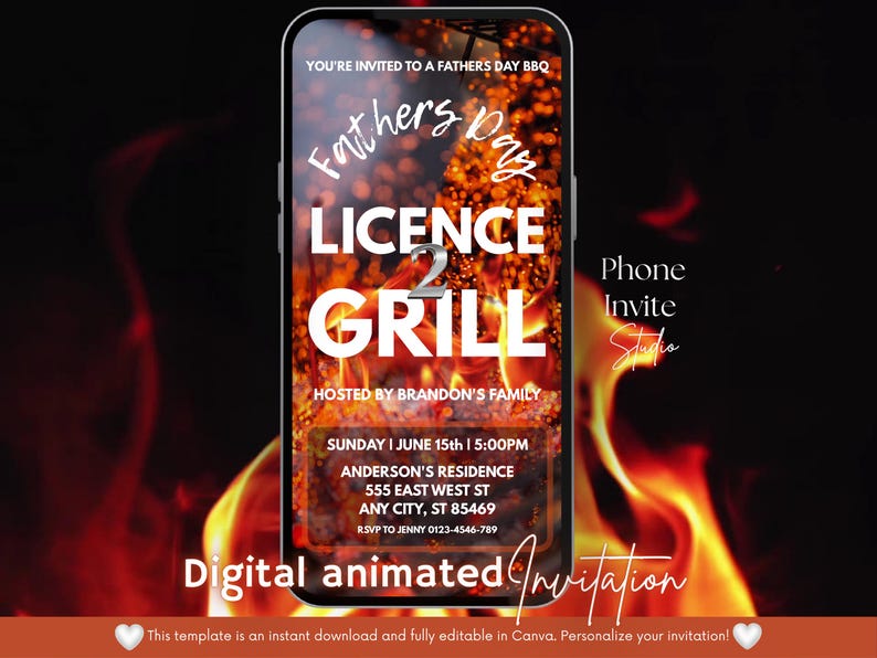 Op de afbeelding: Digitale geanimeerde uitnodiging voor een Vaderdag BBQ, met de tekst "Licence 2 Grill" op een vurige achtergrond. Bevat evenementdetails zoals datum, tijd en locatie, weergegeven op een smartphone.