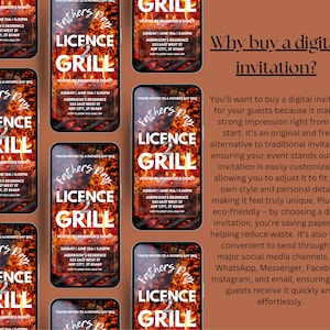 Op de afbeelding: Digitale uitnodiging voor een Vaderdag BBQ op smartphones. De uitnodiging toont een vurige grillafbeelding met "Licence Grill" en evenementdetails. De achtergrond is een warme, aardse kleur.