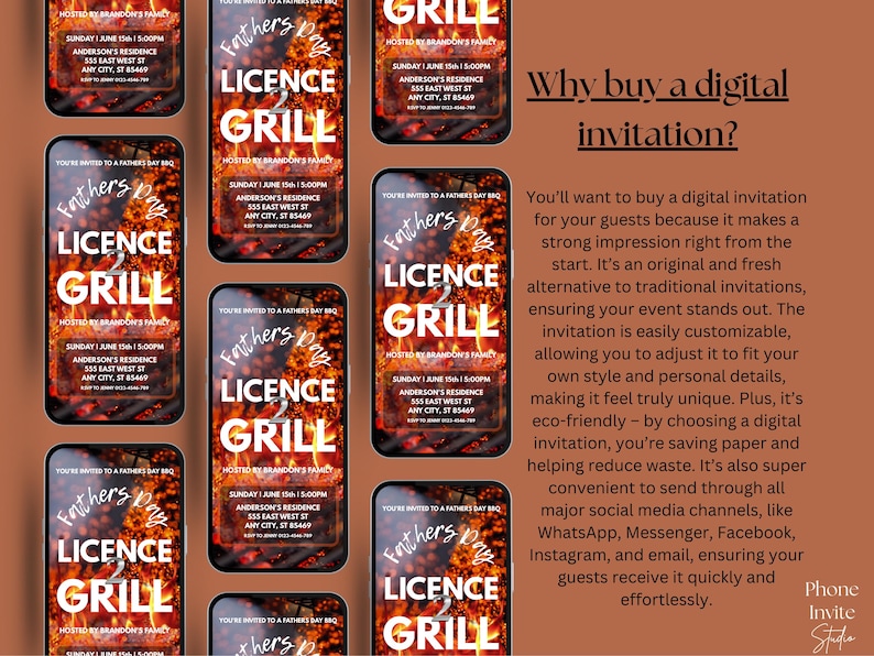 Op de afbeelding: Digitale uitnodiging voor een Vaderdag BBQ op smartphones. De uitnodiging toont een vurige grillafbeelding met "Licence Grill" en evenementdetails. De achtergrond is een warme, aardse kleur.