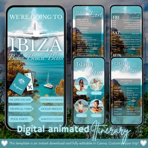 Op de afbeelding: Digitale geanimeerde reisroute sjabloon voor Ibiza, met een turquoise en wit ontwerp. De sjabloon bevat secties voor paklijsten, eilandactiviteiten, vluchtgegevens en een reisroute. De woorden "Ibiza" en "Boho Beach Bliss" staan prominent afgebeeld.