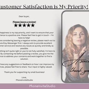 Op de afbeelding: Een digitale afbeelding met de tekst "Customer Satisfaction is My Priority!" en een bericht aan kopers. Een vrouw is te zien op een telefoonscherm met de woorden "A sincere thank you". De Etsy shopnaam is PhoneInviteStudio.