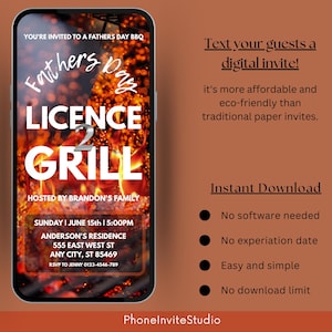Op de afbeelding: Digitale uitnodiging voor een Vaderdag BBQ op een smartphonescherm. De uitnodiging toont de tekst "Father's Day Licence 2 Grill" over een vlammende achtergrond. Inclusief evenementdetails. Van PhoneInviteStudio.