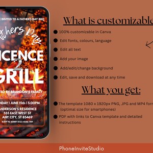 Op de afbeelding: Een smartphone toont een uitnodiging voor een Vaderdag BBQ met de tekst "License 2 Grill". De uitnodiging bevat evenementdetails en is aanpasbaar in Canva. De achtergrond is een vurige grill.