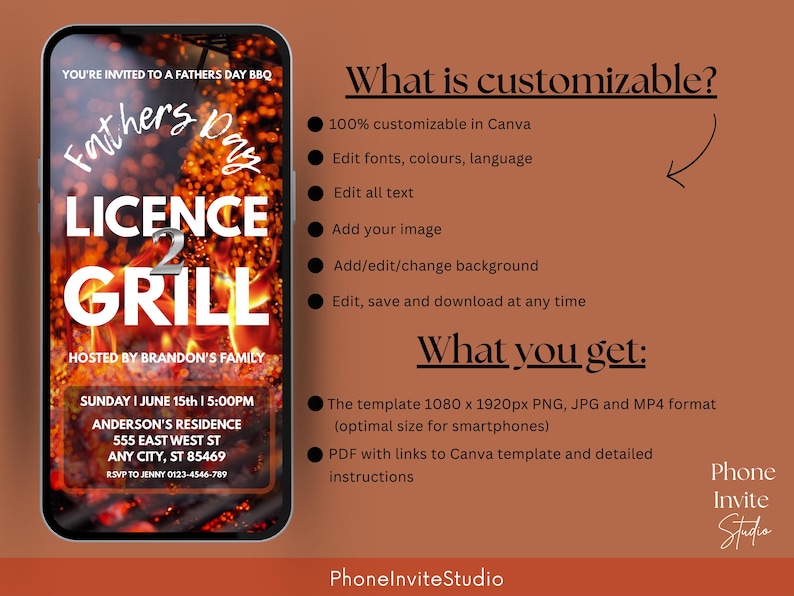 Op de afbeelding: Een smartphone toont een uitnodiging voor een Vaderdag BBQ met de tekst "License 2 Grill". De uitnodiging bevat evenementdetails en is aanpasbaar in Canva. De achtergrond is een vurige grill.