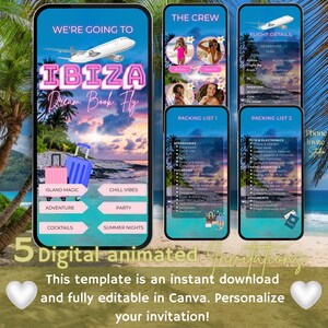 Op de afbeelding: Een digitale uitnodigingssjabloon voor een reis naar Ibiza, weergegeven op een smartphonescherm. Het ontwerp bevat een vliegtuig, bagage en de tekst "Ibiza Dream Book Fly". Extra schermen tonen paklijsten en vluchtgegevens.
