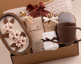 Self Care Gift Box, Cozy Blanket, Tea, Candle, Coffee Mug