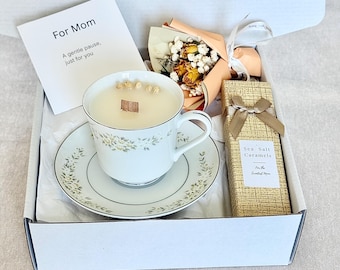Mothers Day Gift Basket for Mom Self Care Gift Box for Women, Knit Blanket, Cozy Hug Box