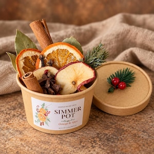 May include: A round cardboard container labeled Gentle Pause Gifts Simmer Pot Orange & Spice, filled with dried orange slices, apple slices, cinnamon sticks, star anise, bay leaves, and pine sprigs, with a matching lid featuring a small pine and berry sprig.