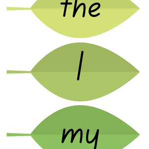 May include: Three stylized green leaves with the words "the", "I", and "my" written in black cursive. The leaves are in varying shades of green, with a light green top leaf, a medium green middle leaf, and a dark green bottom leaf.
