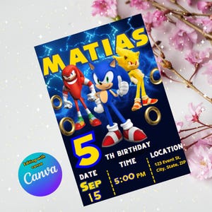 May include: A blue and yellow birthday invitation featuring Sonic the Hedgehog, Knuckles the Echidna, and Tails the Fox. The invitation says "MATIAS 5TH BIRTHDAY" with a date of "SEP 15" and a time of "5:00 PM".