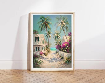 Hawaiian Beach Walk Poster | Tropical Coastal Houses & Palm Trees Print | Digital Download