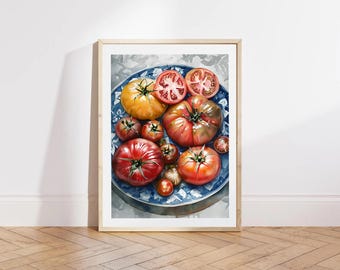 Tomato Still Life Poster | Watercolor Kitchen Art Print | Digital Download Rustic Decor