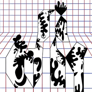 May include: Abstract black and white geometric shapes on a white background with red and blue grid lines. The shapes are made up of irregular lines and curves.