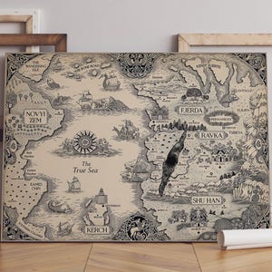 Lienzo del mapa del Grishaverso, mapa de la Trilogía Grisha, Sombra y Hueso, Seis de Cuervos, Kerch, Ketterdam, Novyi Zem, Fjerda, Shu Han, mapa de Ravka