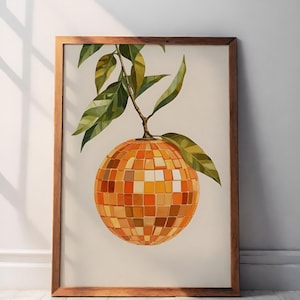 Retro pomarańczowa dyskotekowa lustrzana kula, wystrój domu z jedzeniem w stylu funky, plakat z lustrzanym koszykiem barowym, sztuka ścienna z cytrusową kulą, prezent dla niej