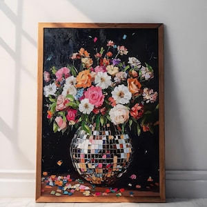 Bola de discoteca con motivos florales melancólicos, póster de arte maximalista y funky, arte indie, cottagecore oscuro, arte mural ecléctico retro, ramo de flores silvestres, estilo años 70