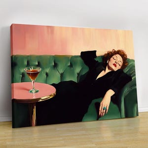 Woman on Couch with Martini, Soft Tonal Oil Painting, Cocktail Art Bar Cart Decor, Aesthetic Oil Painting Gift, Trendy Kitchen Wall